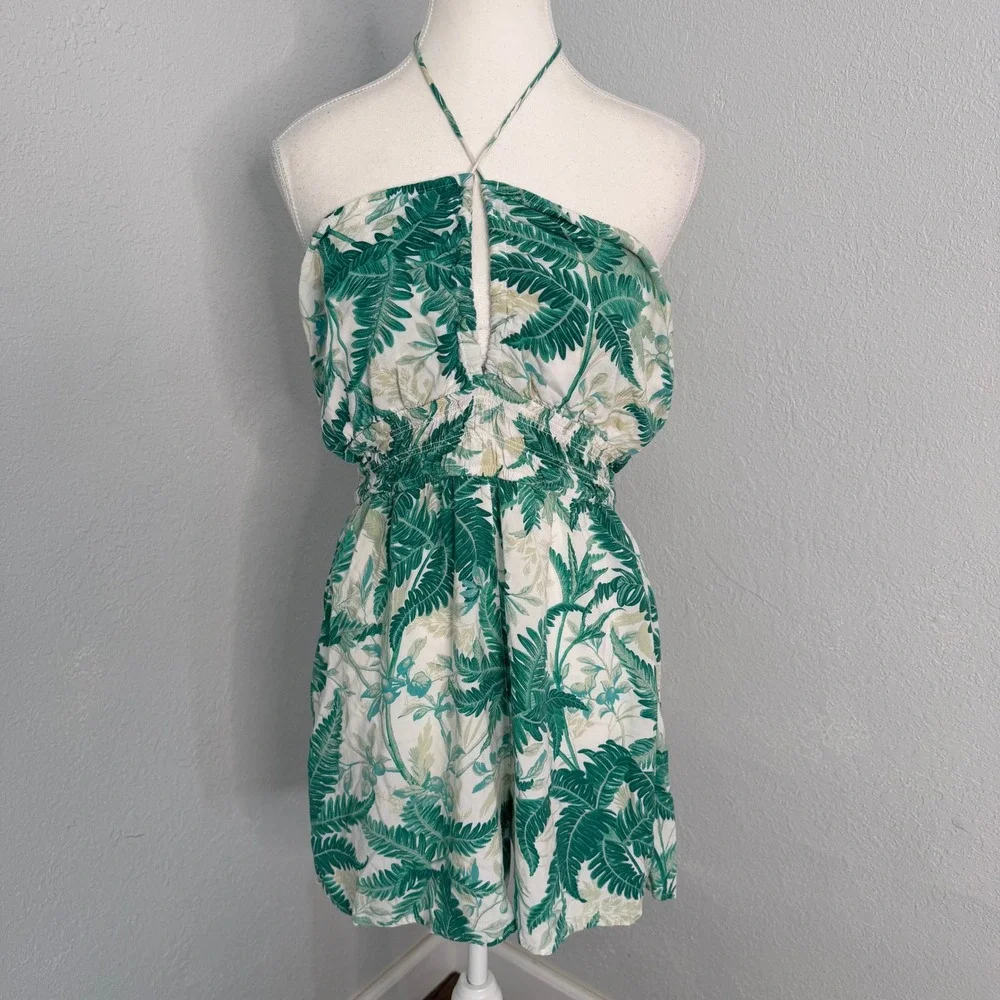 HM‎ Green White Tropical Palm Leaf Halter Romper Keyhole Smocked XL